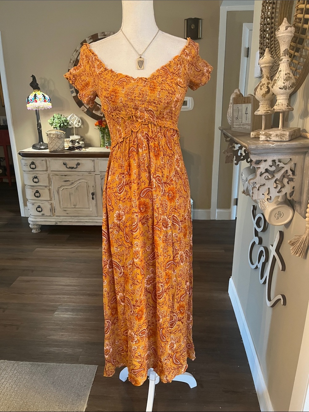 Patrons of Peace Orange Paisley Off-Shoulder Maxi Dress